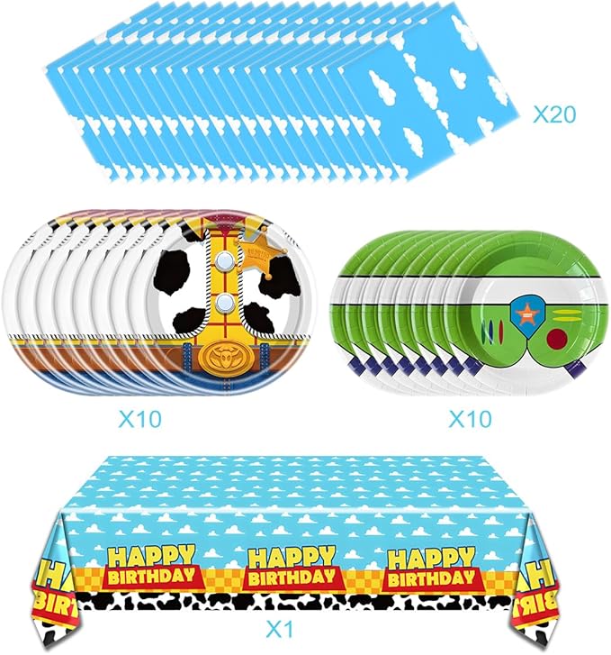 Cartoon Story Party Tableware Set, Blue Sky White Cloud Cow Tablecloth, Toy Theme Birthday Party Tableware Set