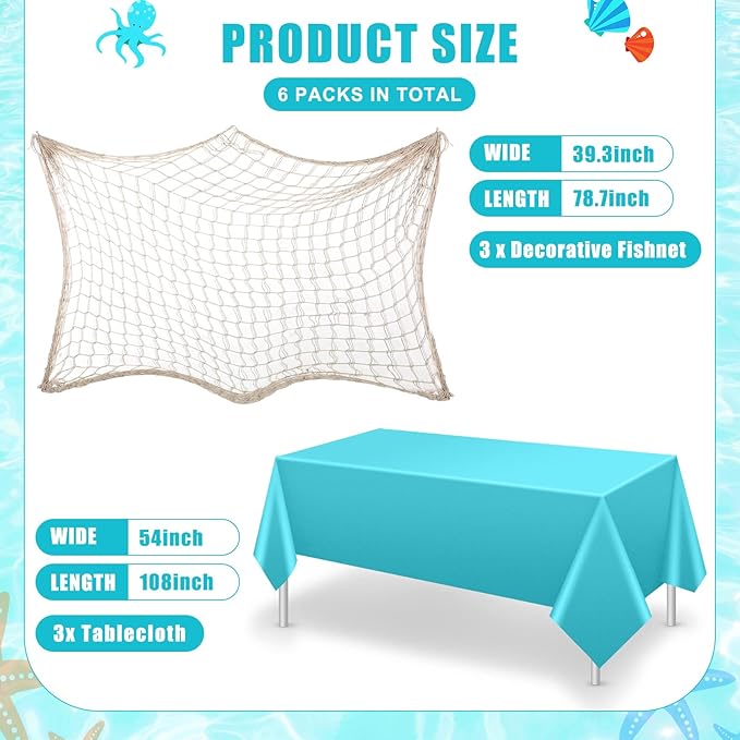 Unittype 6 Pcs Fish Net Decorative and Tablecloth Set, Cotton Fishnet and Plastic Table Cover Decorations Set for Nautical Themed Party Baby Shower Pirate Decorations Mermaid Party(Turquoise)