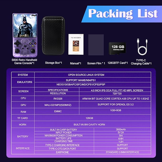 S600 Retro Handheld Game Console - 4.0 inch IPS HD Screen, 128GB Memory, Over 18,000 Classic Games, 3500mAh Battery Retro Gaming Console, Portable Linux System(Purple)