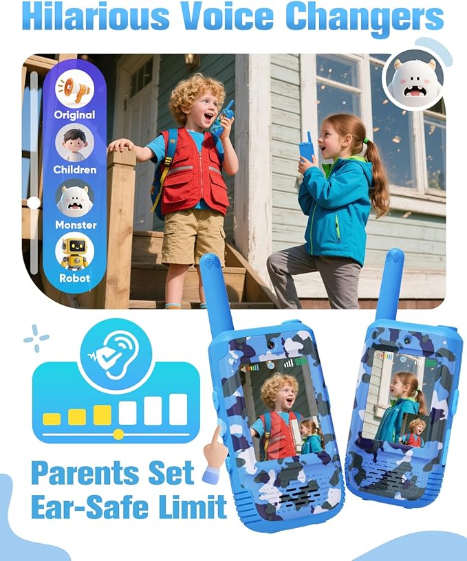 Video Walkie Talkies for Kids with Voice Changer, 2 Pack Rechargeable Kids Walkie Talkies, Outdoor Play Toys Birthday Gifts for 3-12 Year Old Boys Girls, Camping Hiking Family Games