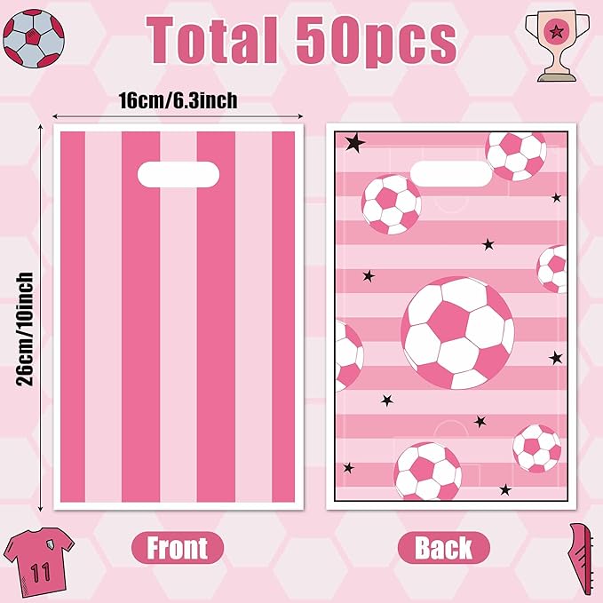 50Pcs Pink Soccer Party Favor Bags, Soccer Theme Plastic Candy Goodie Treat Gift Bag with Handles Football Team Sport Party Supplies Birthday Decoration Gift for Football Lovers