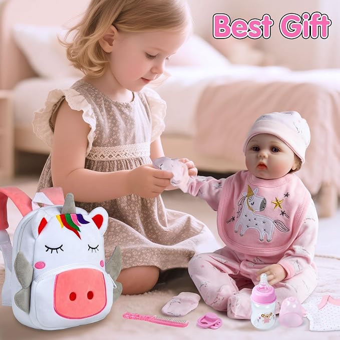 13 Pcs Reborn Baby Doll Clothes Pink Outfit Accessories for 17-22 Inches Babydolls Reborn Girl Doll Clothes Newborn Baby Accessories Set with Unicorn Backpack
