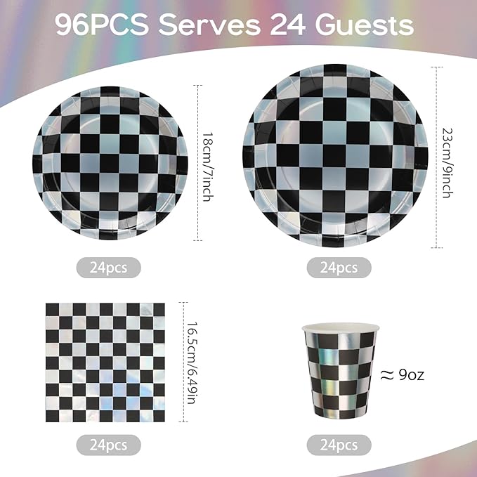 96Pcs Iridescent Checkerboard Plates Party Supplies Black and White Kpop Paper Plates and Napkins and Cups for 24 Guests Picnic Tea Wedding Kids Birthday Party Decorations