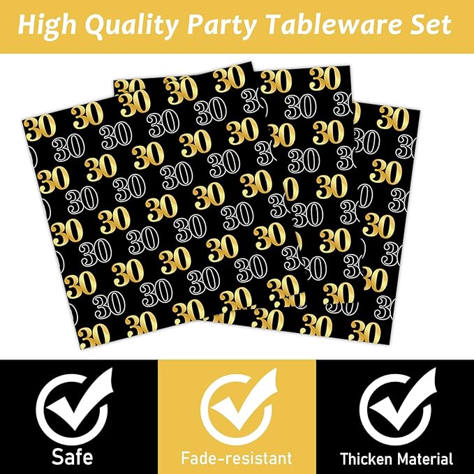 96PCS 30th Theme Birthday Party Tableware Vintage 1996 Party Supplies 30 Year Old Birthday Decorations Plates Napkins Forks Black and Gold Dinnerware Favors for Men or Women
