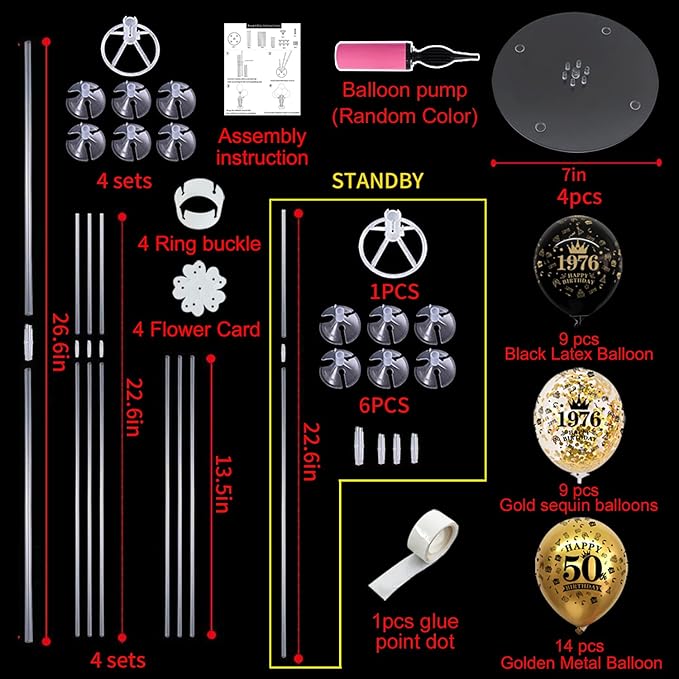 TONIFUL 4 Set 50th Birthday Decorations 1976 Balloon Centerpiece for Table,Black Gold Balloon Stand Kit,Perfect for celebrating born in 1976,Cheers to 50 Years Birthday for Men and Women