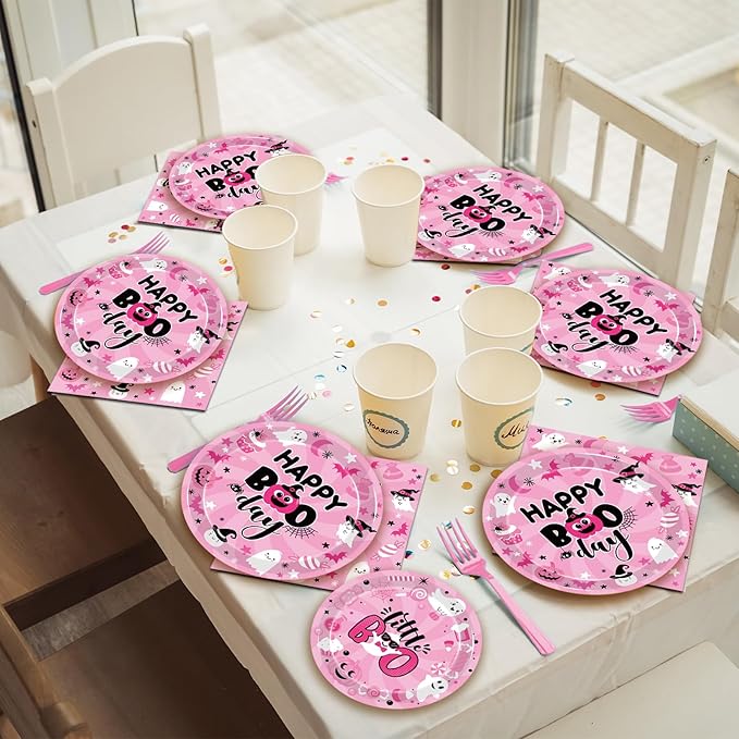 96Pcs Pink Halloween Birthday Party Decorations, Halloween Happy Boo Day Party Plates and Napkins Set Supplies Halloween Little Boo Ghost Baby Shower Tableware Decor for Girl, Serves 24