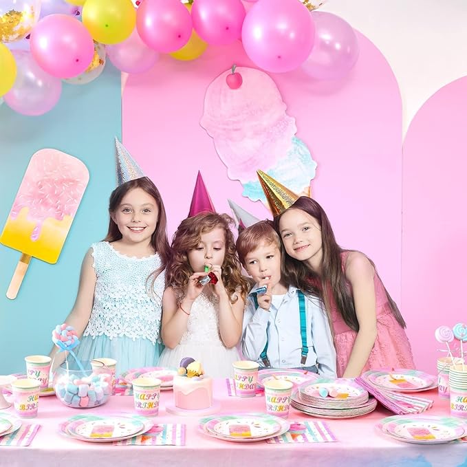 WERNNSAI Ice Cream Plates Napkins and Cups - Ice Cream and Popsicle Theme Party Supplies for Girls Birthday Disposable Tableware Dessert Plates Luncheon Napkins Serves 16 Guests 64PCS