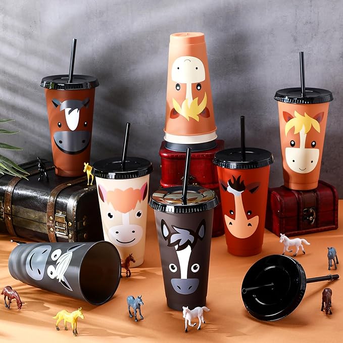 Mifoci 24 Horse Party Favors Horse Cups with Lid Straw 24 oz Plastic Drink Cups Bulk Reusable Tumblers for Birthday Party Themed Gifts