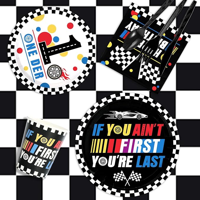 170 Pcs Race Car 1st Birthday Decorations for Boys Fast One Plates and Napkins Racing Cars First Birthday Tableware Set for Boys First Race Car Theme Party Supplies, Serves 24