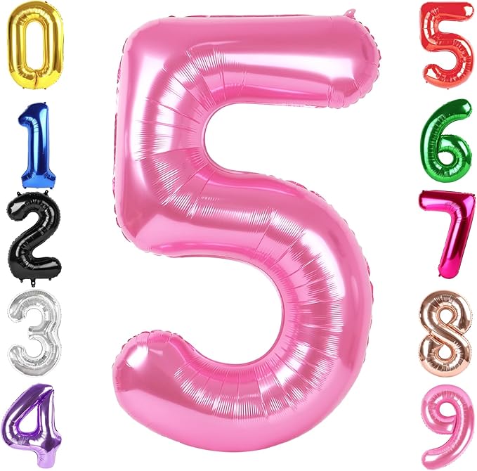 40 Inch Pink Number 5 Balloon, Giant 5 Number Balloons for 5th Birthday Decorations, Party Supplies for Baby Boy Girl, Pink Party Decor