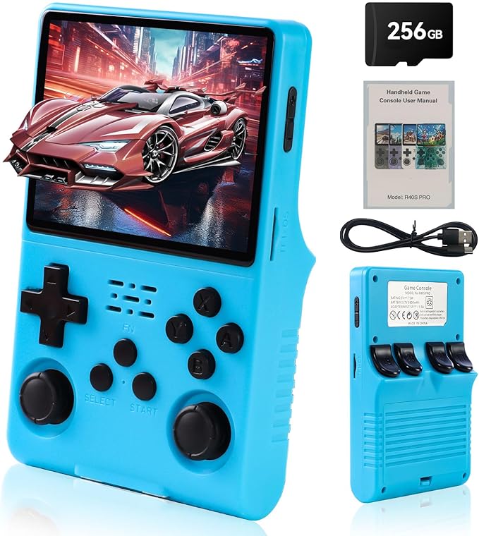 R40S Pro Handheld Game Console,30000 HD Games Mini Retro Gaming Console,3.5-Inch IPS Screen,Built in 45 Emulators,256GB SD Card,3800mAh Battery(Blue Color)