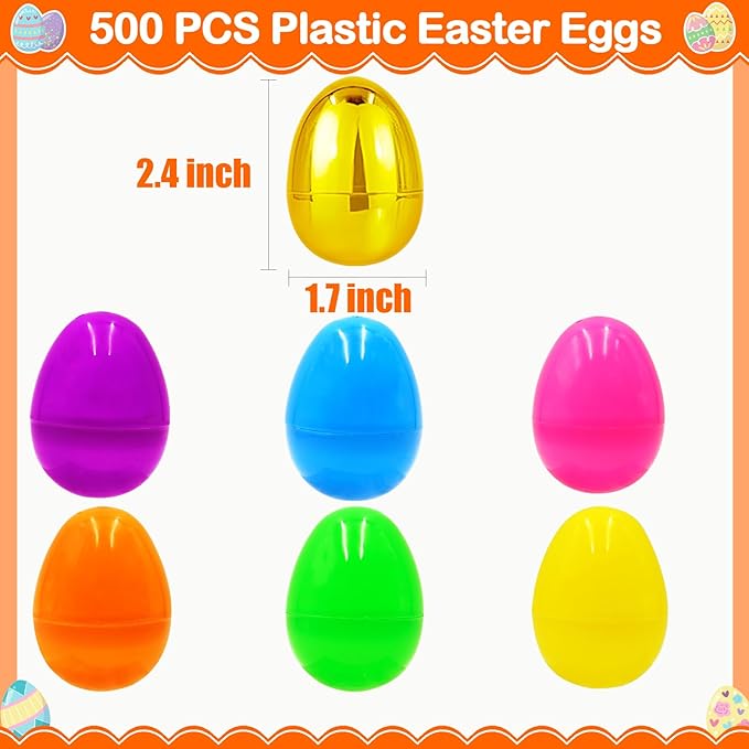Easter Eggs 500 PCS Bulk, 2.4" Plastic Fillable Easter Eggs Set with 12 Golden Eggs, Colorful Empty Eggs for Kids Easter Egg Hunt Classroom Prizes Basket Stuffers Easter Party Favors