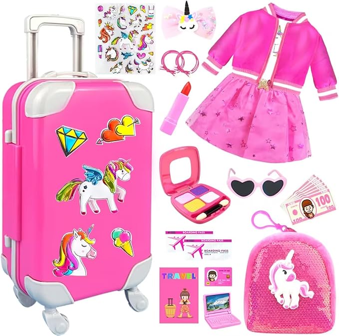 23Pcs 18 Inch Girl Doll Accessories Case Luggage Travel Play Set with Clothes, Bag, Computer Glasses, Makeup, Stickers, Stuff for 18 inch Doll - Christmas & Birthday Gift