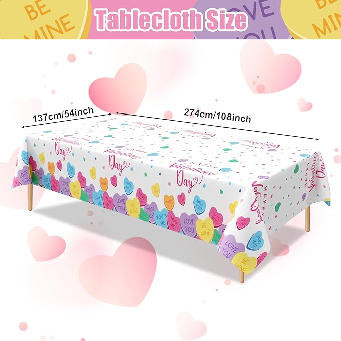 3Pcs Valentines Day Tablecloth, 54 x 108 Inch Conversation Hearts Plastic Table Cover, Colorful Love Heart Tablecloth for Wedding Anniversary, Valentines Day Decorations