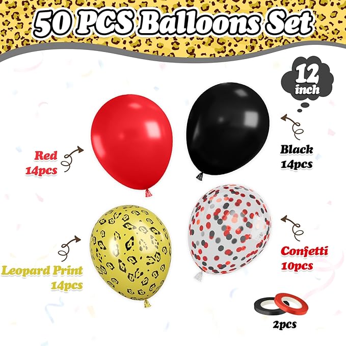 FunHot Leopard Balloons, 50 Pcs Black Red Balloon, Cheetah Printed Balloons, 12 Inch Red and Black Confetti Latex Helium Balloon for Birthday Zoo Themed Baby Shower Animal Leopard Party Decorations