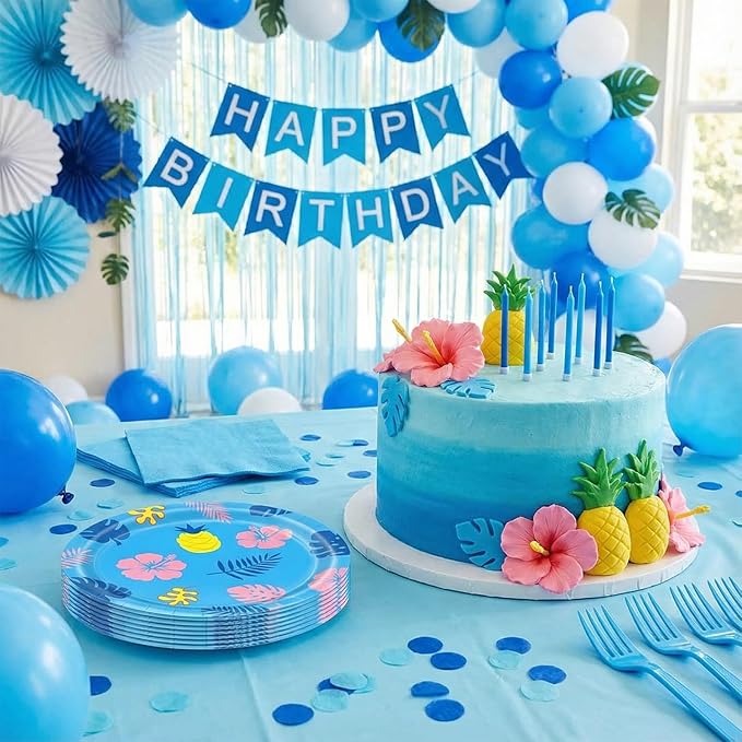 Blue Cartoon Birthday Party Supplies 20Pcs 9 Inch Hawaiian Tropical Cartoon Plates, for Baby Shower Girls Boys Birthday Party Luau Picnic Summer Holiday BBQ School Event Hawaiian Party Decorations
