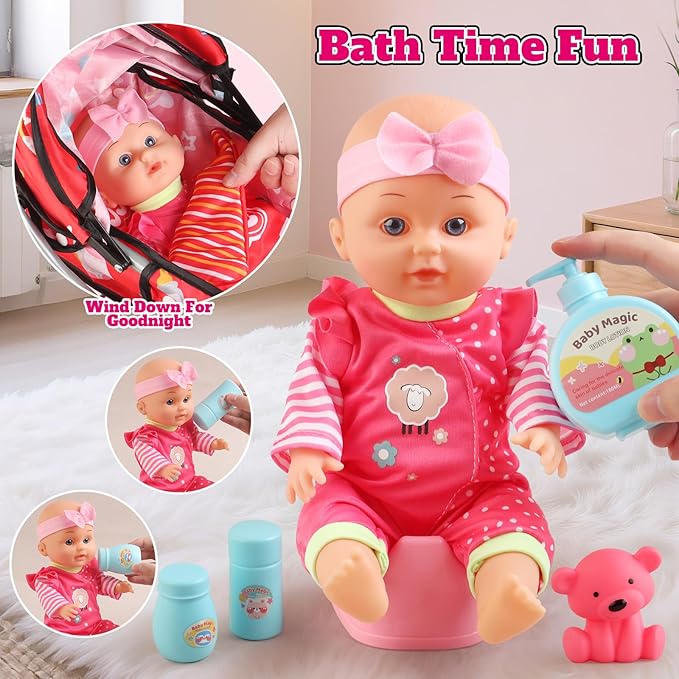 Baby Doll Stroller Set for Toddler Girls 3-5, A 12.5" Babydoll with Baby Doll Accessories, Pillow, Blanket & 2 Sets Clothes, Doll Playset Toy Stroller for Kids, Gift 3 4 5 Year Old Girl Toys