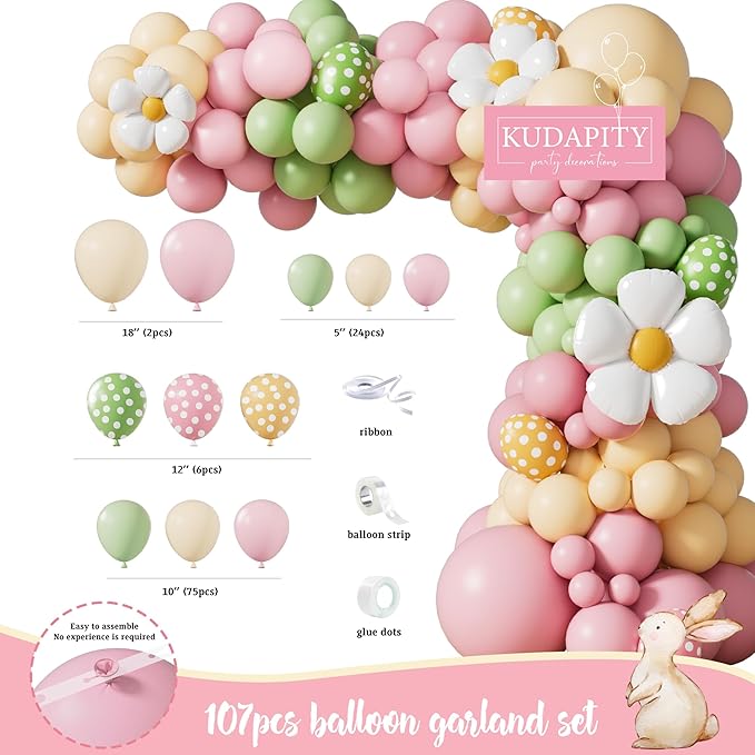 Easter Bunny Birthday Party Decorations, Spring Bunny Birthday Party Decorations for Girls, Easter-Themed Party Supplies Kit, Floral Backdrop Balloon Garland Banner Backdrop Tablecloth for Birthday