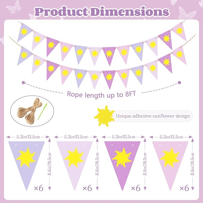 Purple Sun Flag Happy Birthday Banner - Purple Sun Bunting Birthday Banner Party Decoration Flag String Bunting Garland for Supplies Decor Wedding Lavender Photo Props
