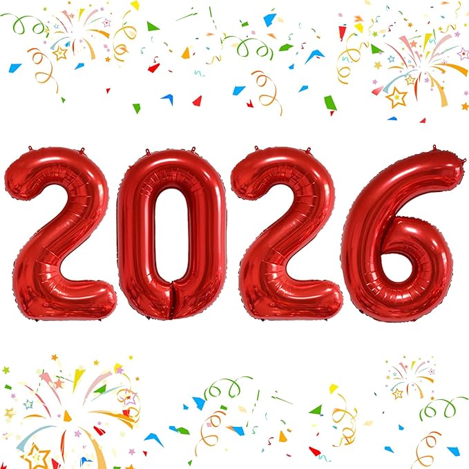 KALOR 42 Inch 2026 Red Foil Mylar Number Balloons, 2026 New Years Decorations for 2026 Happy New Year Eve and Graduations Party Supplies