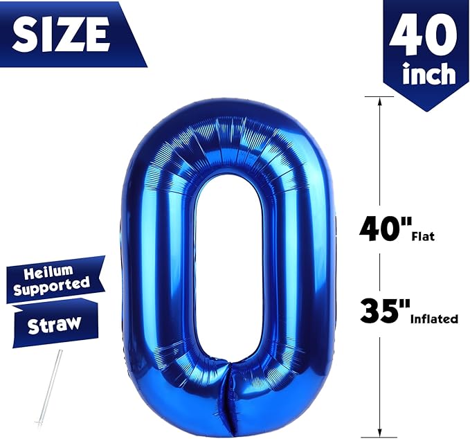 40 Inch Metallic Blue Number 0 Balloon, Giant Number 0 Balloons for 10th 20th 30th 40th Birthday Decorations, Party Supplies for Baby Boy Girl, Metallic Blue Party Decor