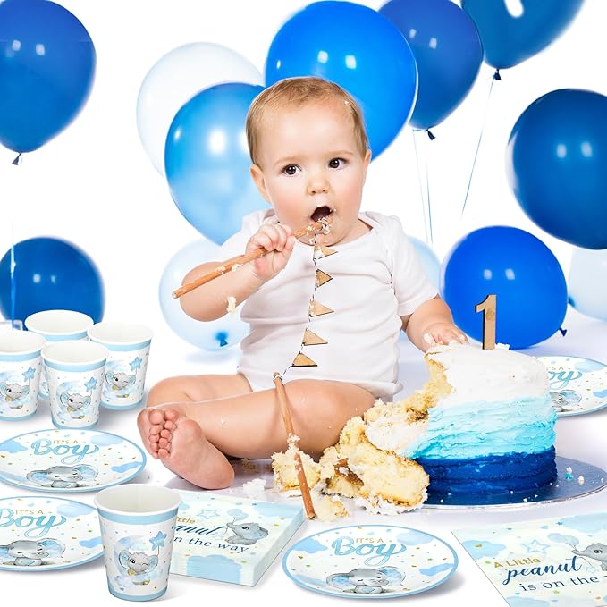 200 Pcs Blue Elephant Baby Shower Paper Plates Napkins Cups Its a Boy Baby Shower Party Supplies Tableware Set Elephant Disposable Cup Napkin for 50 Guest Girls Spring Party Decoration