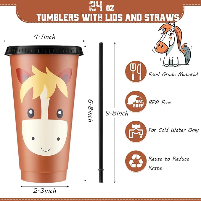 Mifoci 6 Horse Party Favors Horse Cups with Lid Straw 24 oz Plastic Drink Cups Bulk Reusable Tumblers for Birthday Party Themed Gifts