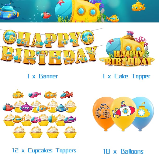Submarine Party Decorations Submarine Birthday Party Supplies Includes Submarine Happy Birthday Banner Cake Topper Cupcake Toppers Balloons for Ocean Theme Party Baby Shower Decorations