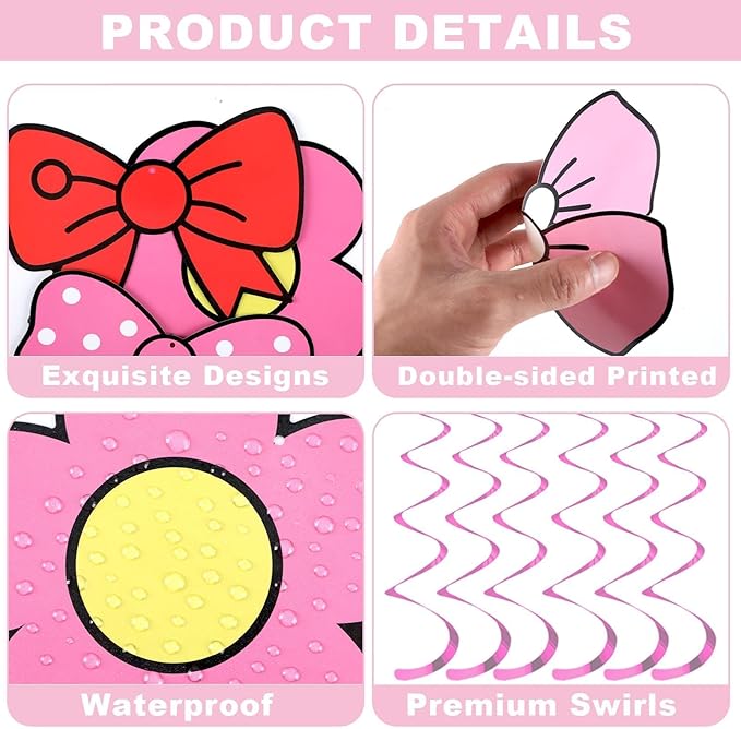Pink Bow Birthday Party Decorations Bow Happy Birthday Banners Pink Hanging Swirl Cartoon Cat Theme Party Supplies Cute Bowknot Cutout Streamers for Girls Baby Shower Coquette Bachelorette Party Decor