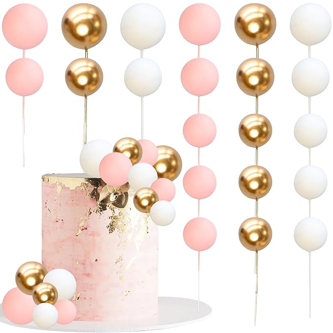 Gyufise 30Pcs Mini Balloon Cake Topper Foam Ball Cake Picks Cupcake Faux Pearl Balls DIY Cake Insert Topper Baking Decoration for Anniversary Graduation Birthday Party Baby Shower White Pink Gold