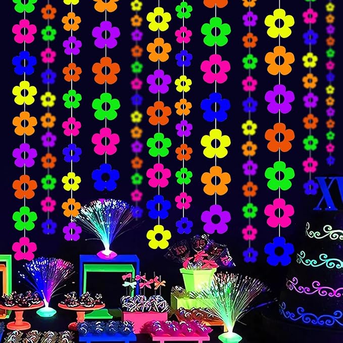 120 feet Neon Garland Neon Streamers Hollow Flowers Black Light Neon Decorations for Dark Glow Party UV Reactive Neon Party Favors Glow in The Dark Party Supplies Decoration for Party Birthday Banners