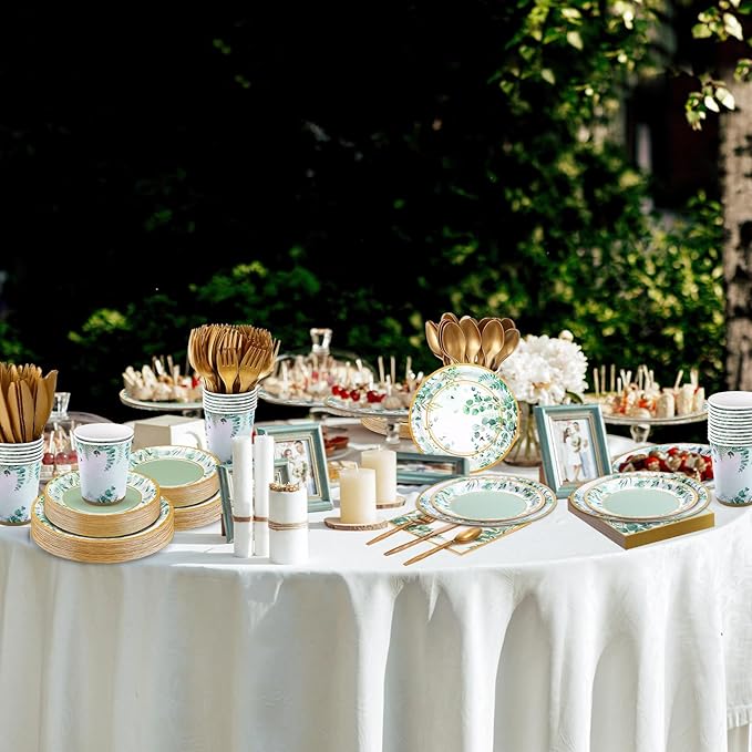 350 Pcs Tea Party Supplies Spring Summer Sage Green Tableware Set Disposable Plates Napkins Paper Cups Plastic Cutlery Set for Birthday Bridal Baby Shower Serves 50