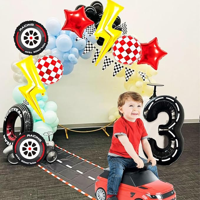 Cartoon Race Car Birthday Party Decorations Large Lightning Bolt Foil Balloons Race Car Balloons 40 Inch Racetrack Number 3 Balloon for Boys 3rd Cars Themed Birthday Party Decor Supplies