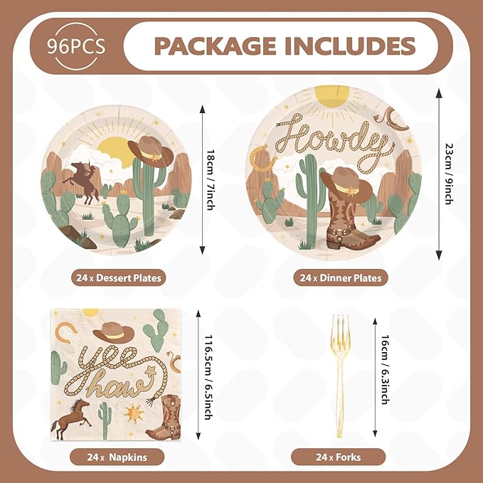 96 Pcs Western Rodeo Party Supplies 350 GSM Western Cowboy Plates and Napkins Howdy Cowgirl Tableware Set for Yeehaw Western Wild West Theme Birthday Party Decorations Baby Shower Favors Serves 24