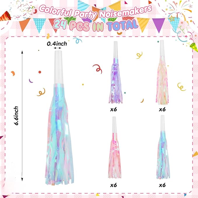 24 Pcs Party Blowers Glitter Iridescent Mermaid Unicorn Princess Noise Makers Metallic Fringed Horns Bulk for Graduation Birthday Favors Kids Decor(Pink, Purple, Blue, White)