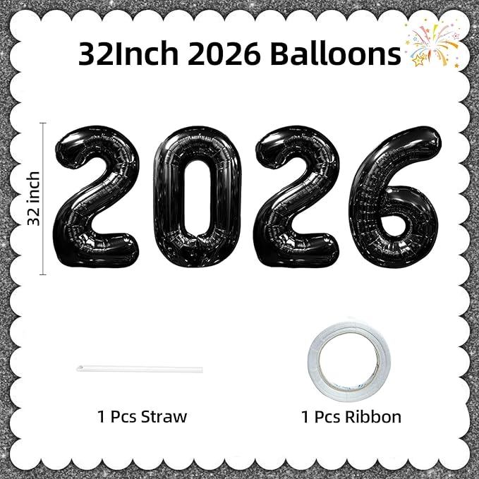 KALOR 32 Inch 2026 Black Foil Number Balloons, 2026 New Years Decorations for 2026 Happy New Year Eve and Graduations Party Supplies