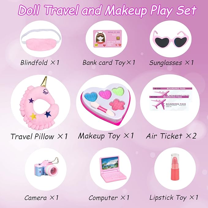 BNUZEIYI 17Pcs 18 Inch Girl Doll Clothes and Accessories Doll Accessories Travel Play Set with Travel Pillow Camera for 18 Inch Dolls Gift for Girls