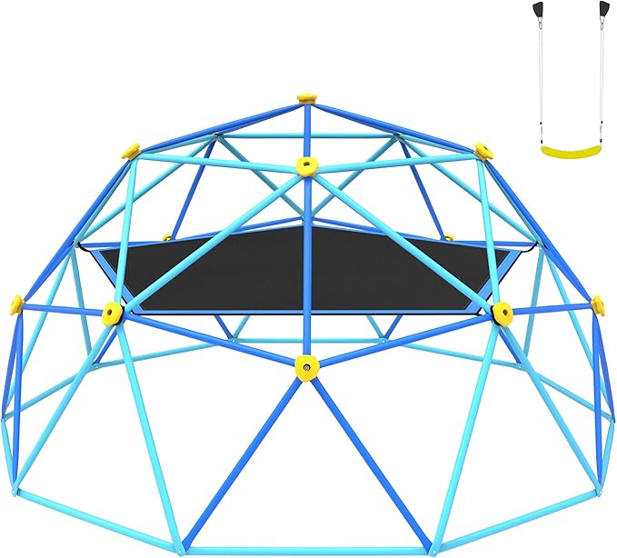 Gardenature 10FT Climbing Dome with Hammock and Swing, Outdoor Jungle Gym for Kids, Geometric Dome Climber Supporting 880 Lbs Anti-Rust Metal Outdoor Play Structure ASTM Approved Blue