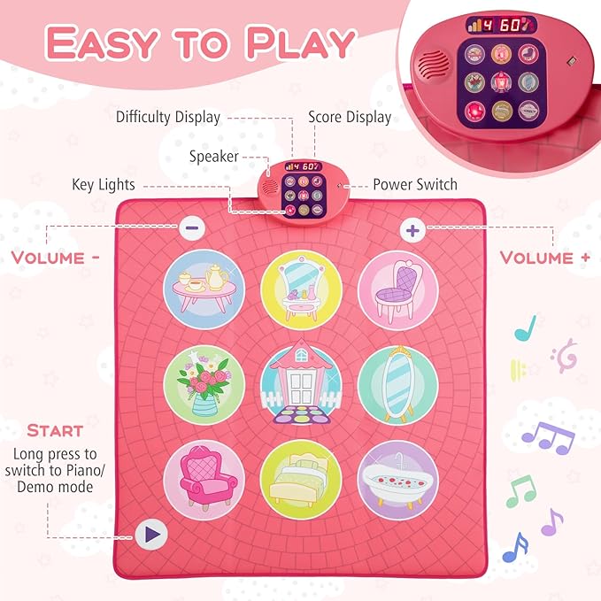 HONEY JOY Dance Mat, Pink Electronic Dancing Pad w/3 Game Modes, 5 Challenge Levels, 9 Keyboard Sounds, 9 Songs & Adjustable Volume, Musical Rhythm Step Play Mat, Gift for 3+ Years Old Girls Boys