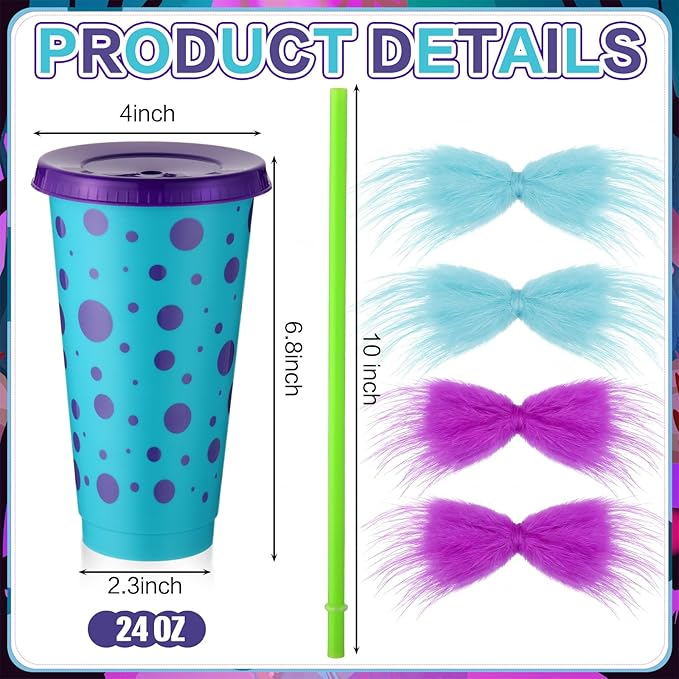 12 Sets Monster Party Supplies 24 oz Reusable Monster Themed Party Plastic Cups and Fur Plush Purple Blue Bows Bulk Cartoon Themed Drinking Cups for Girl Boy Birthday Baby Shower Decorations