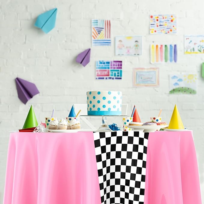 Oudain 6 Pcs Cars Birthday Party Supplies Racing Party Decorations Round Racing Tablecloth Checkered Flag Table Covers Road Plastic Table Cloth, 1950s Disco Dancing Party Tablecloth (Pink)