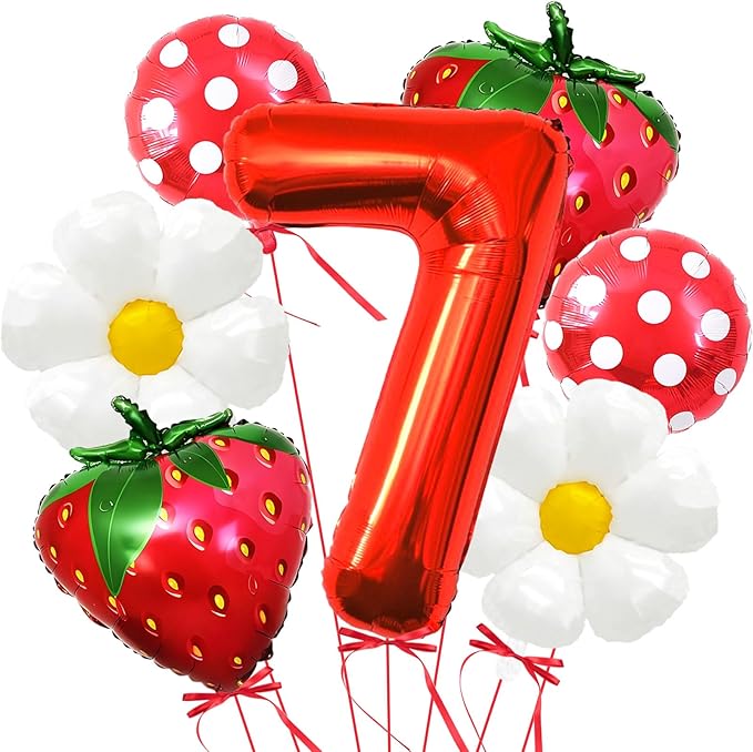 Strawberry Balloons Seventh Birthday Decorations for Girl, 40 Inch Mylar Red Number 7 Balloons, Strawberry Balloon for Strawberry Birthday Decorations, Strawberry Themed Party
