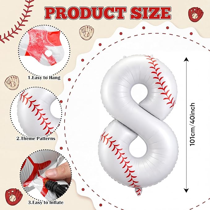 Jenaai Baseball Number 8 Balloons 40 Inch Baseball Theme Birthday Party Decorations Large Foil Balloons for Birthday Baby Shower Party Backdrop Celebration Supplies