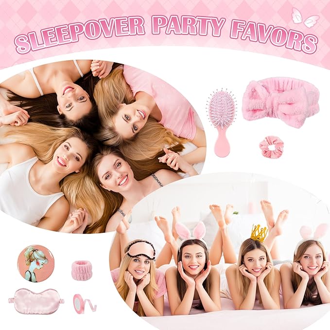 9 Pcs Sleepover Party Supplies for Girls Include Spa Headband Sleep Eye Mask Pink Scrunchie with Coquette Bow Mirror Hair Comb Gift Bags for DIY Spa Sleepover Slumber Wedding Birthday Party Favors