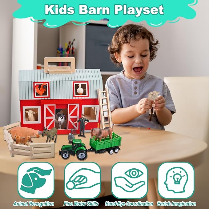 Wooden Barn Toys, Play Barn with 12 Animal Play Figures for 3+ Years Old, Toy Barn and Farm Animals，Wooden Barn Playset for Christmas Birthday Gift for Boys Girls