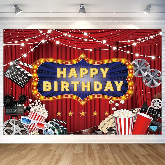 Movie Night Happy Birthday Backdrop Decorations Banner Movie Night Photo Background for Home Indoor Outdoor Birthday Party Decorations Supplies 70.8 x 47.2 Inch