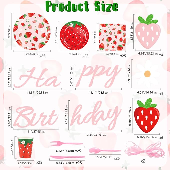 OuMuaMua 177Pcs Strawberry Birthday Party Plates Napkins Banners Supplies Summer Fruit Disposable Tableware Set for Girls Berry First Sweet One 1st Baby Shower Strawberry Theme Decorations, Serves 25
