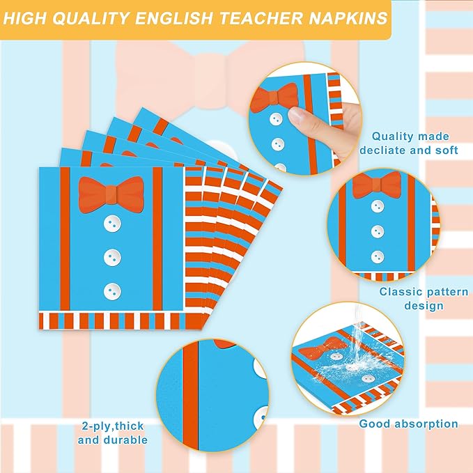 Cartoon English Teacher Birthday Party Supplies Blue and Orange Paper Plates and Napkins Tableware Decorations Set for Kids Birthday Party Supplies for 20 Guests