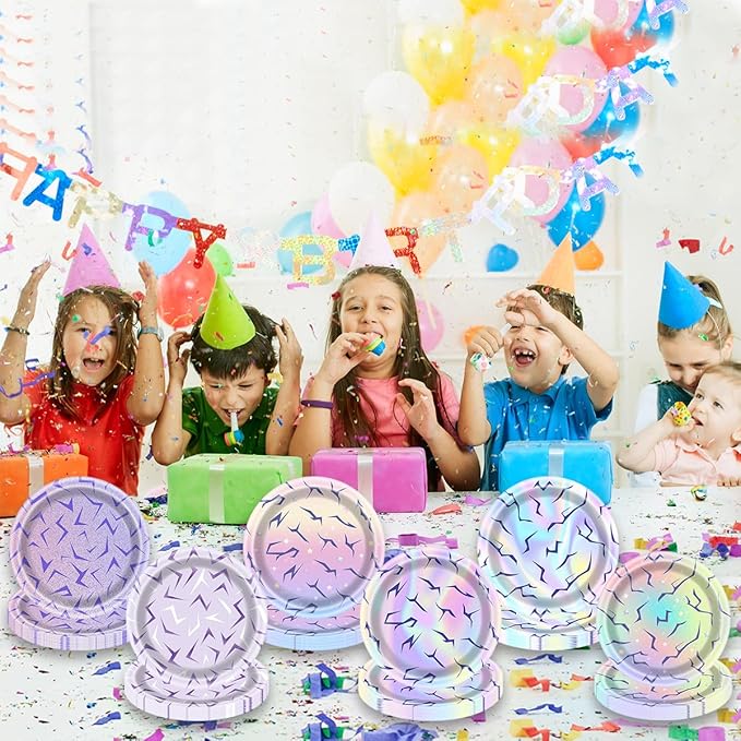 OU RUI 60 Pcs Purple Demon Party Plates Disposable Rainbow Gradient Design Paper Plates for Purple Demon Birthday Party Boys Girls Hunters Theme Supplies