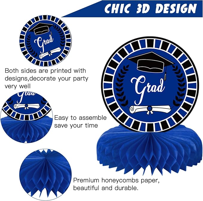 10PCS Graduation Party Decorations Class of 2026 Congrats Grad Table Centerpieces Congratulate Graduation Honeycomb Table Toppers for Graduation Party Supplies(Blue Black)